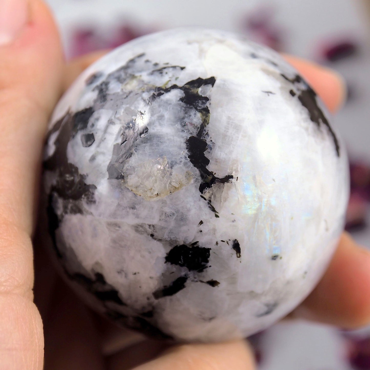  Black Tourmaline Galore & Rainbow Moonstone Medium Sphere Carving