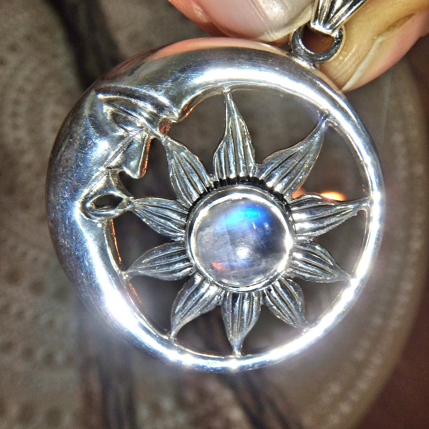 Light Code Rainbow Moonstone Crescent Moon Pendant Sterling Silver (Includes Silver Chain) - Earth Family Crystals