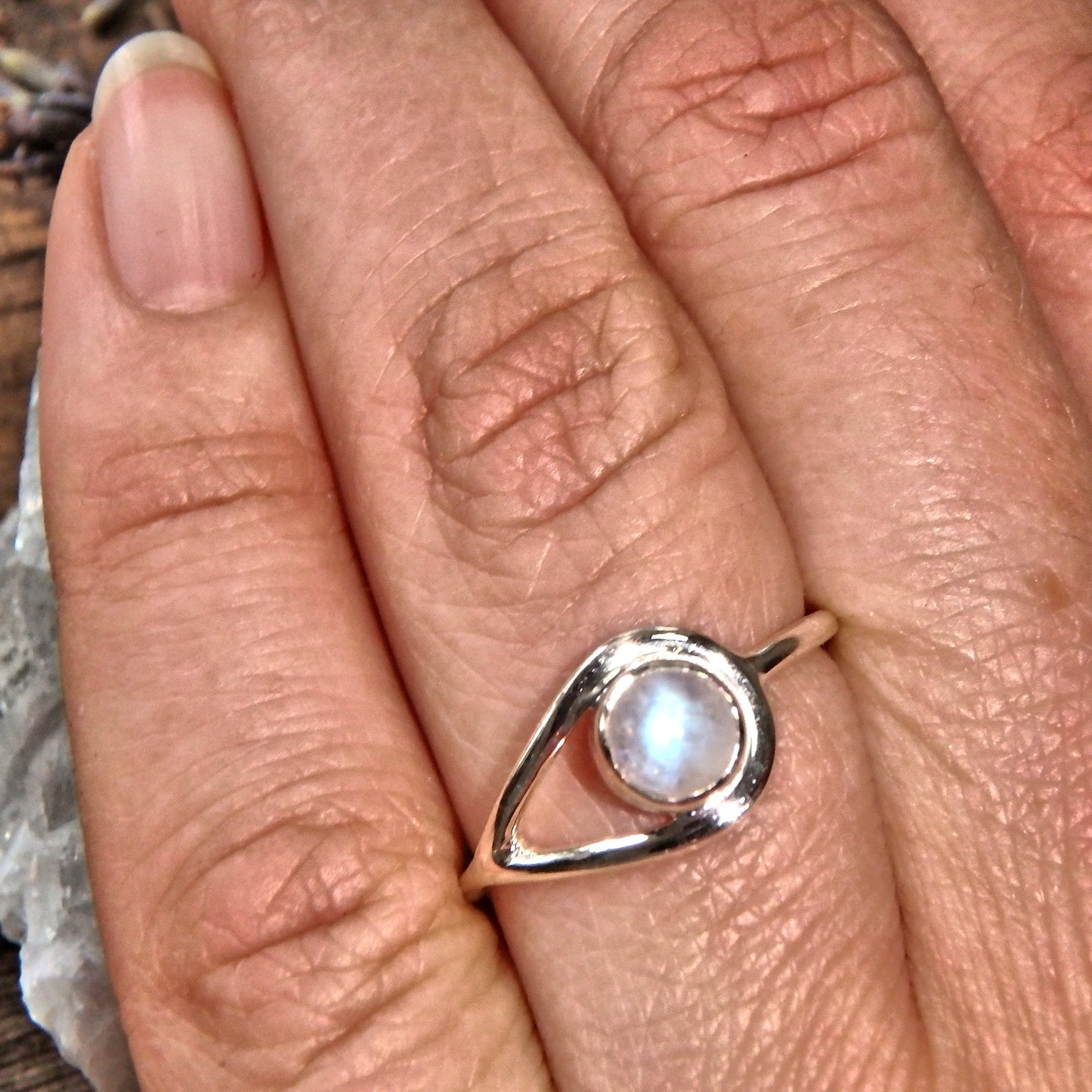 Ideal for Stacking~Dainty Stone Rainbow Moonstone Elegant Sterling Silver Ring (Size 7, 8)