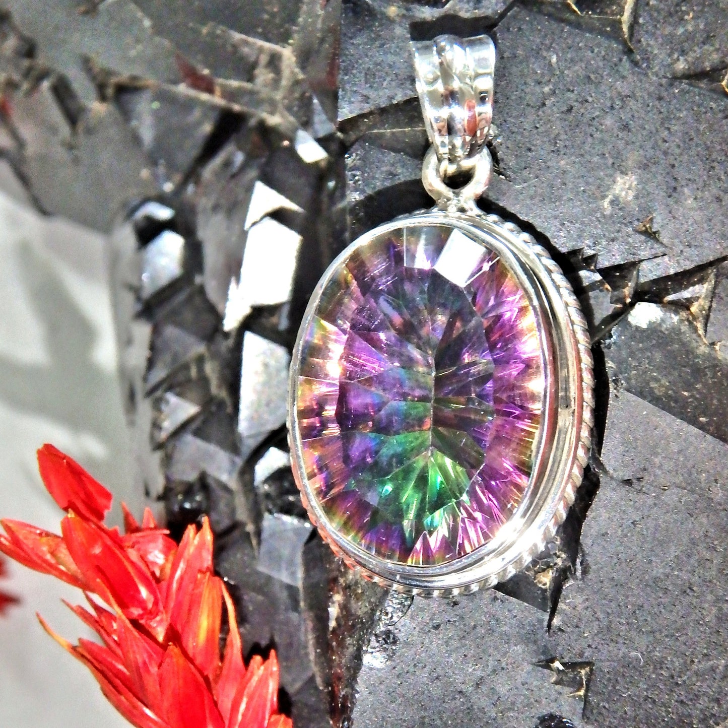 Extreme Sparkle Rainbow Mystic Topaz Pendant in Sterling Silver ( Includes Silver Chain) - Earth Family Crystals
