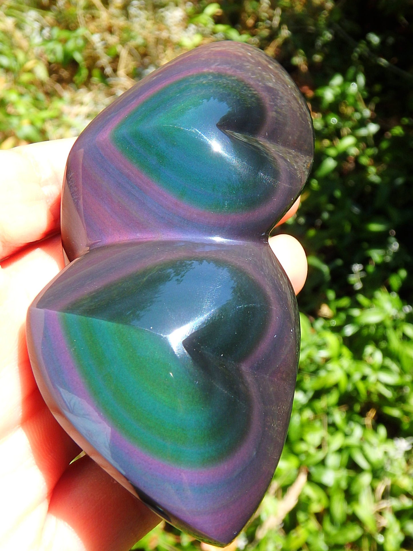 Moving Purple & Green Flash Double Love Heart Polished Specimen From Mexico - Earth Family Crystals
