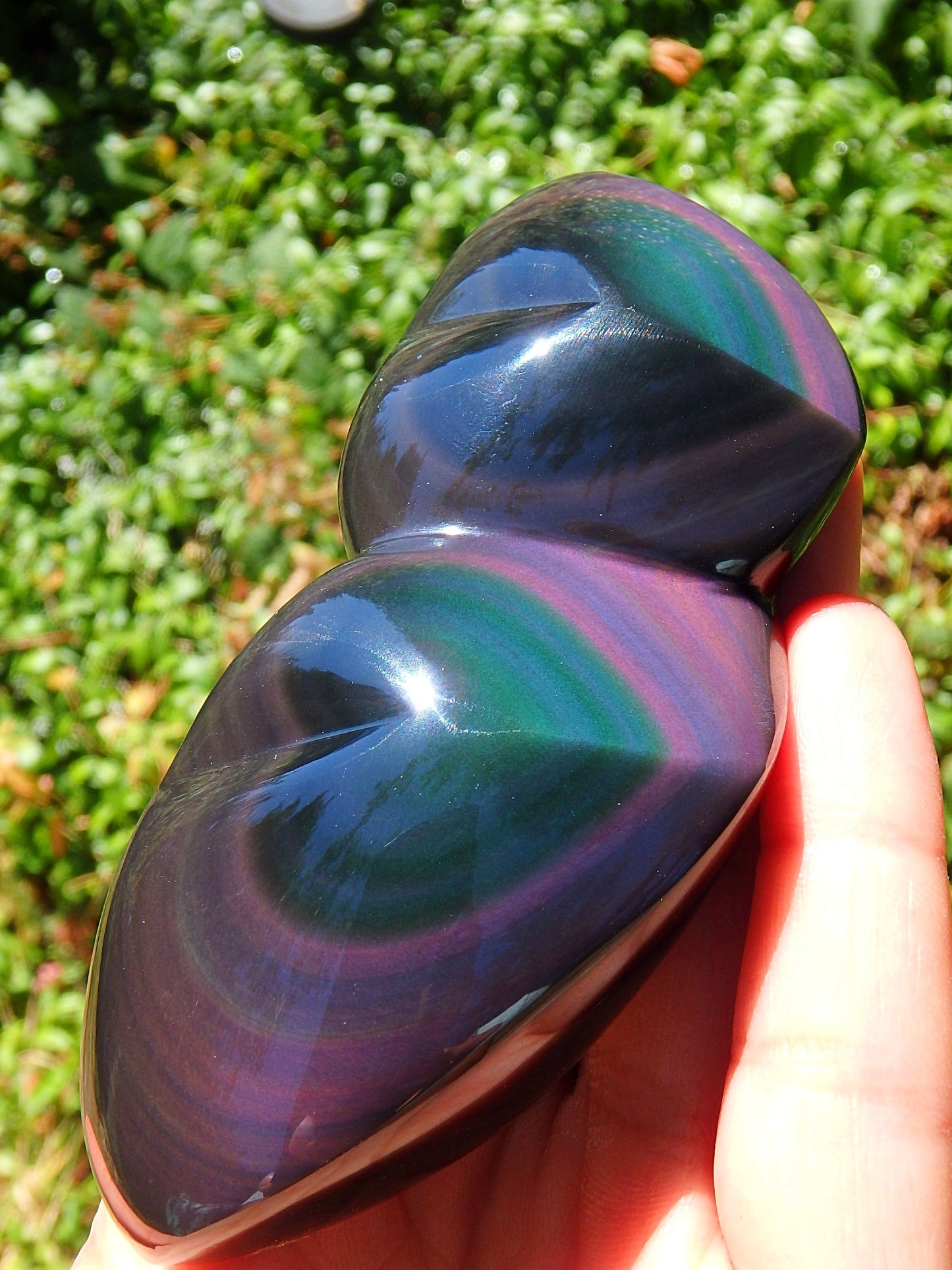 Moving Purple & Green Flash Double Love Heart Polished Specimen From Mexico - Earth Family Crystals