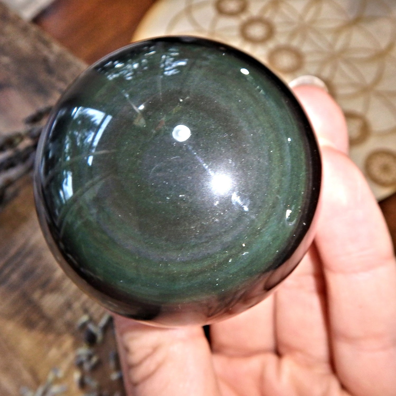 Mysterious Flashes of Color Rainbow Obsidian Sphere Carving 8 - Earth Family Crystals