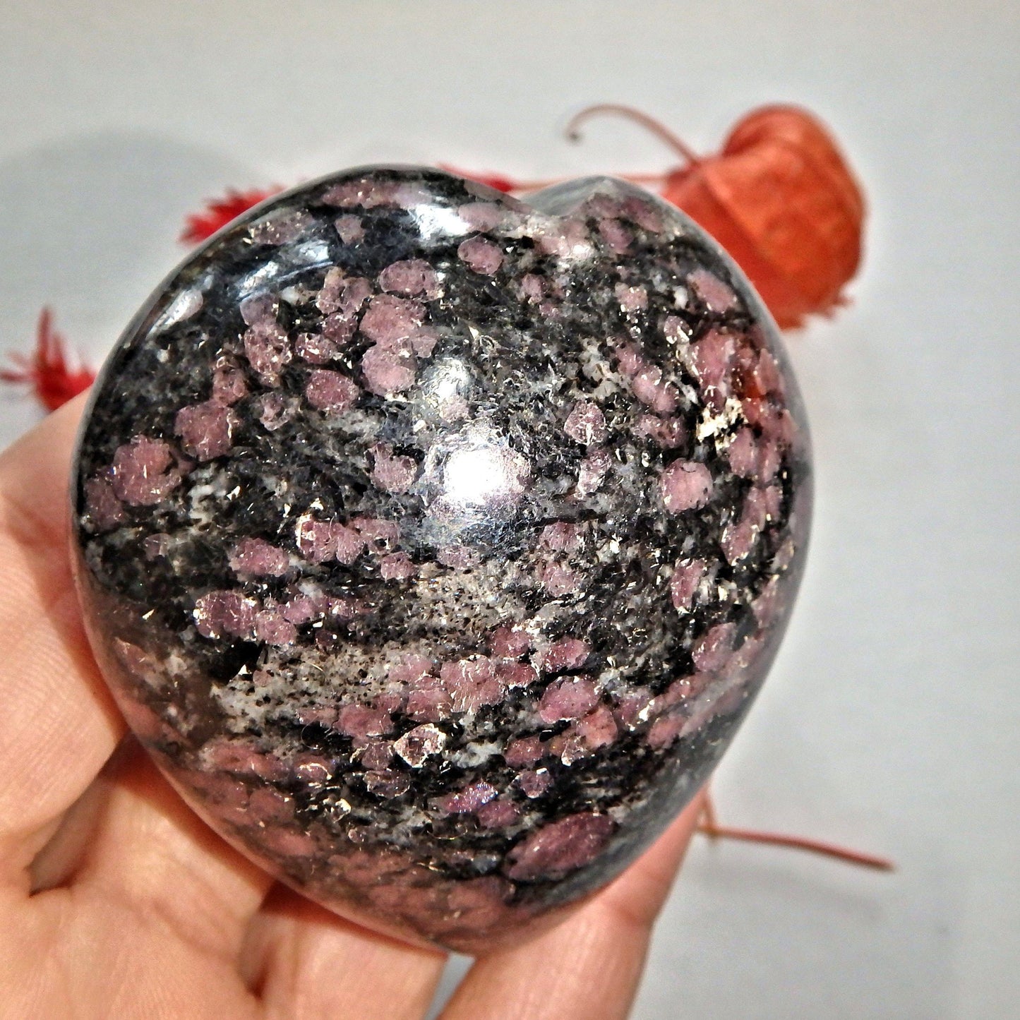  Cranberry Red Spinel Inclusions in Fuchsite Heart Carving 1