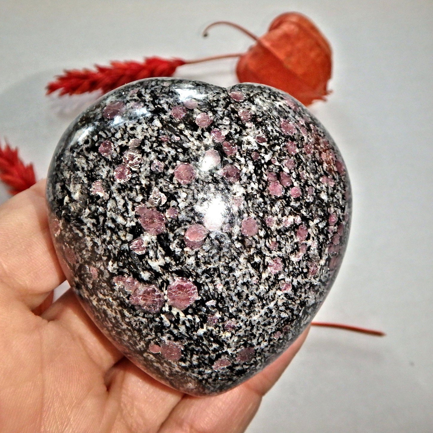 Cranberry Red Spinel Inclusions in Fuchsite Heart Carving 2