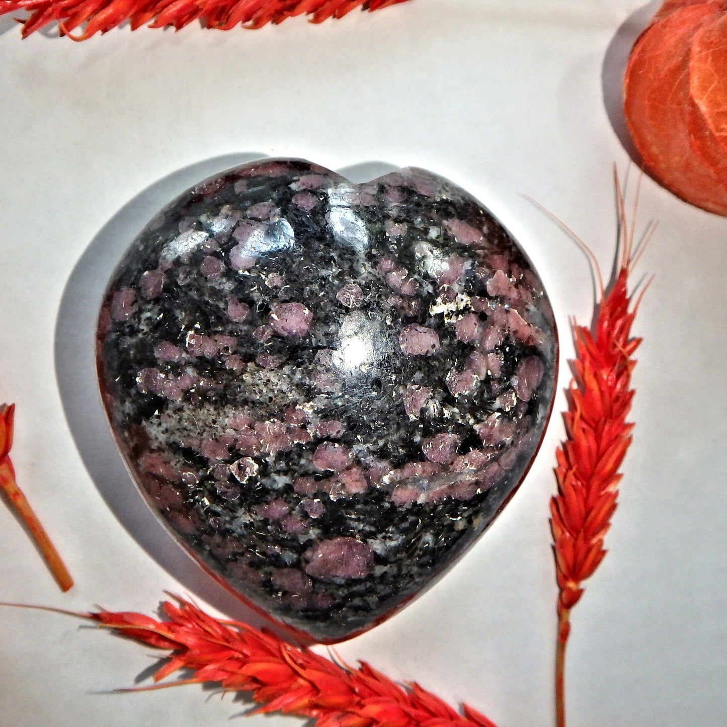  Cranberry Red Spinel Inclusions in Fuchsite Heart Carving 1