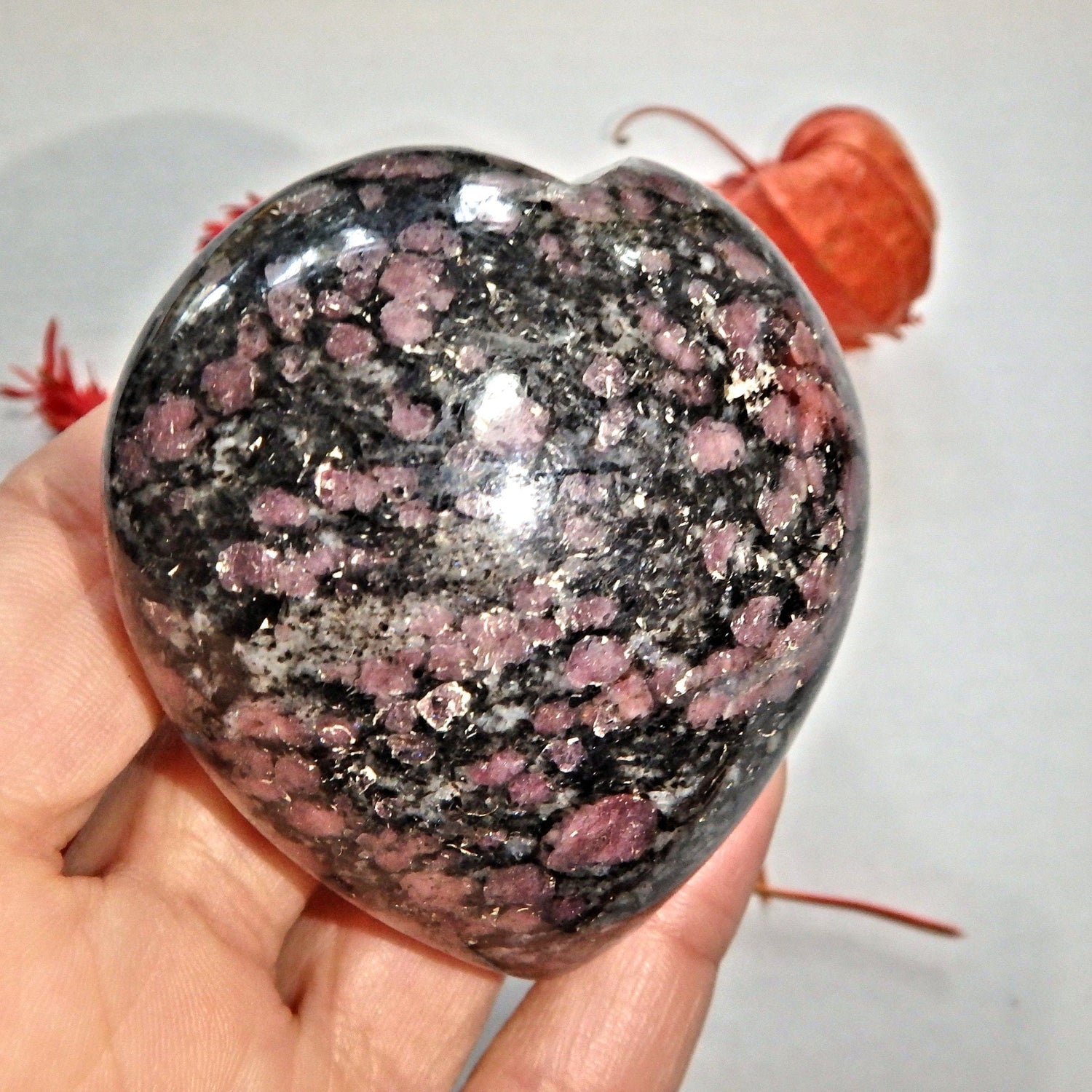  Cranberry Red Spinel Inclusions in Fuchsite Heart Carving 1