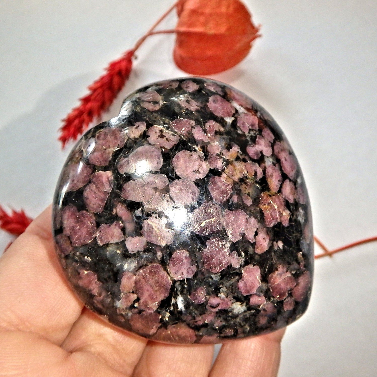  Cranberry Red Spinel Inclusions in Fuchsite Heart Carving 3