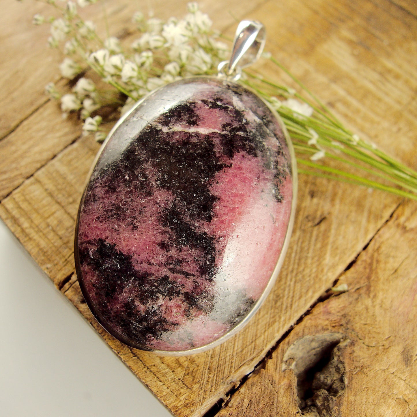  Chunky Cranberry Pink & Black Rhodonite Pendant in Sterling Silver (Includes Silver Chain)