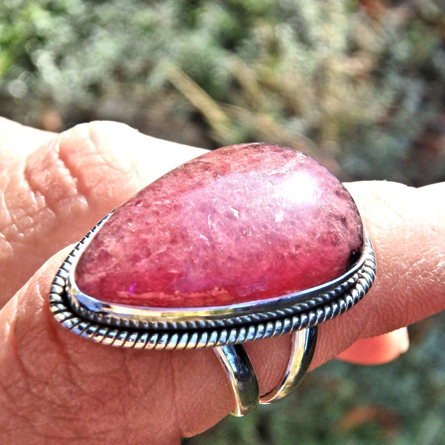  Deep Cranberry Red & Hints of Black Rhodonite Ring in Sterling Silver (Size 6)