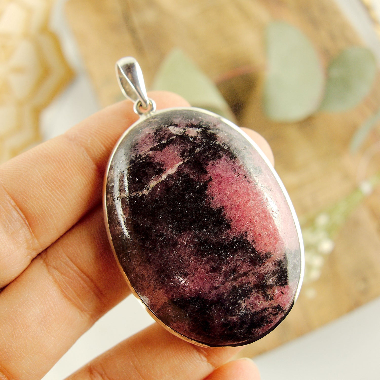  Chunky Cranberry Pink & Black Rhodonite Pendant in Sterling Silver (Includes Silver Chain)