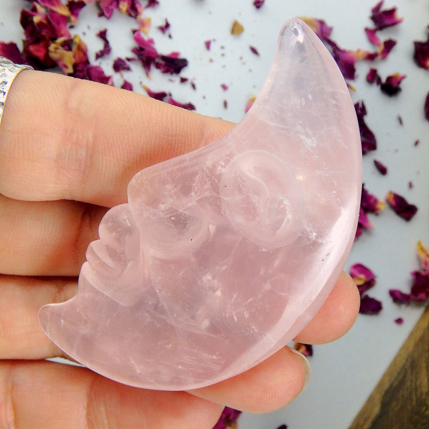 Optical Pink Rose Quartz Crescent Moon Face Carving