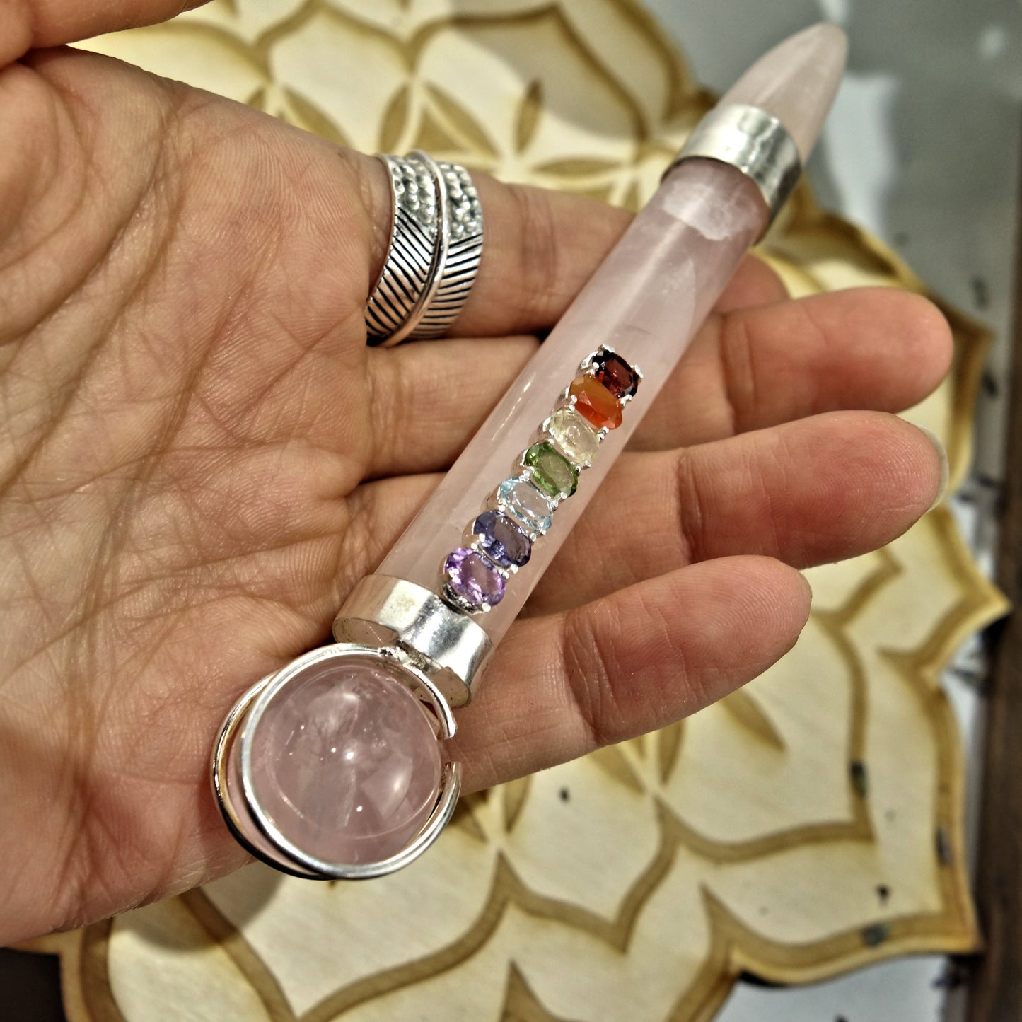 Gorgeous Faceted Chakra Gemstones On Rose Quartz Healing Wand - Earth Family Crystals