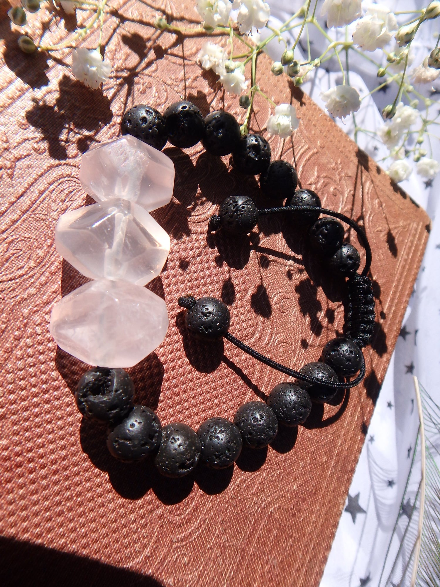 Optical Polished Pink Rose Quartz & Lava Stone Adjustable Bracelet - Metiz Tier Price