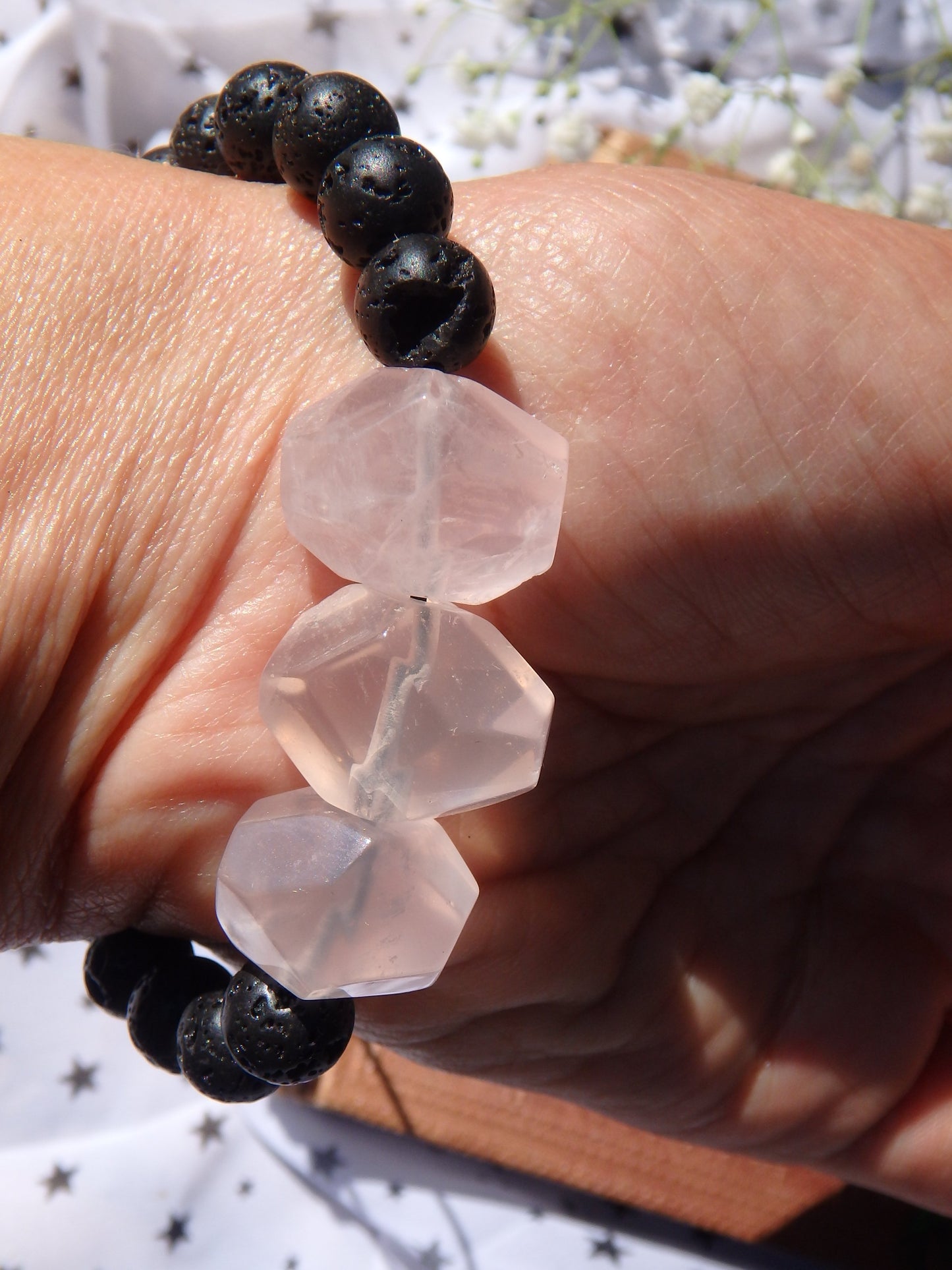 Optical Polished Pink Rose Quartz & Lava Stone Adjustable Bracelet - Metiz Tier Price