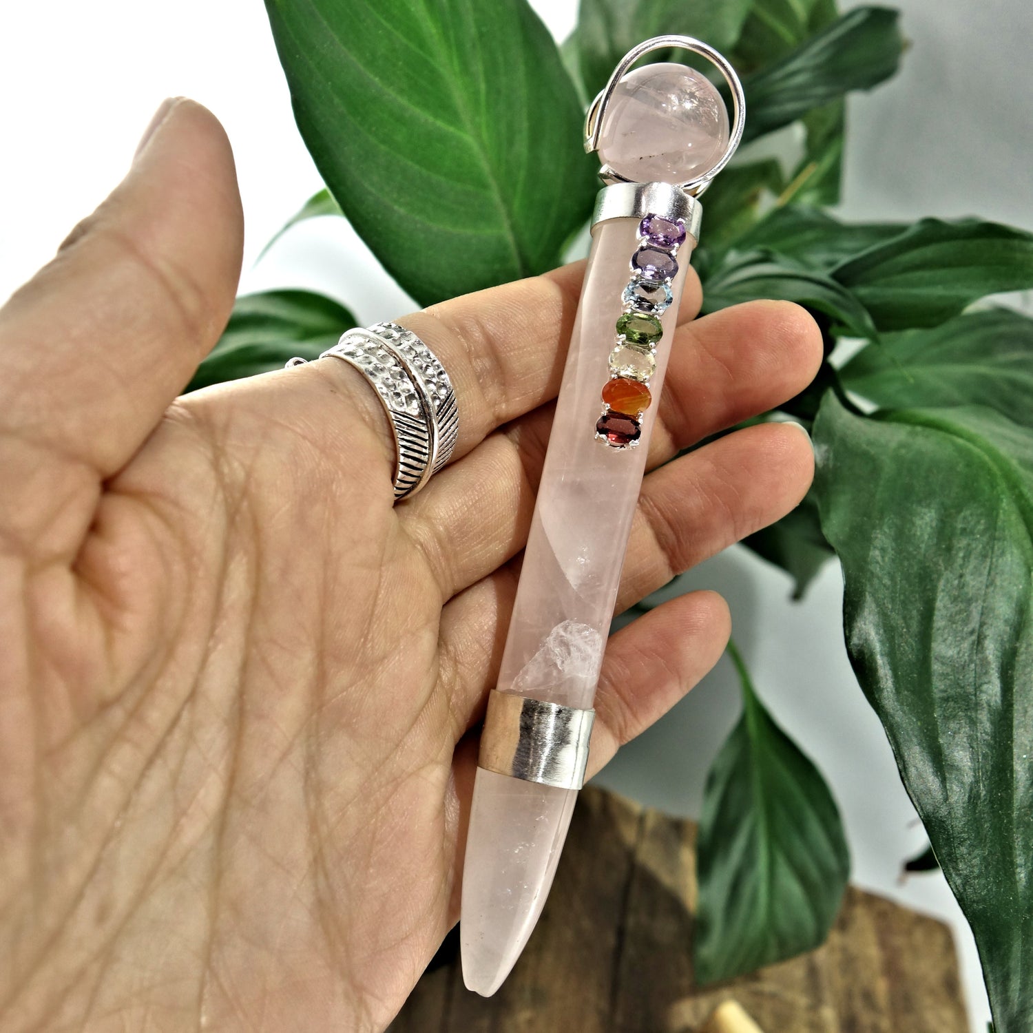 Gorgeous Faceted Chakra Gemstones On Rose Quartz Healing Wand - Earth Family Crystals