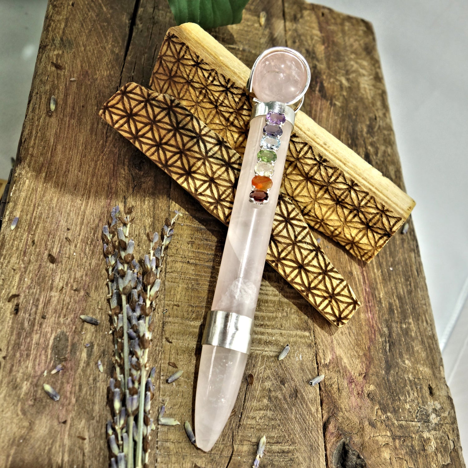 Gorgeous Faceted Chakra Gemstones On Rose Quartz Healing Wand - Earth Family Crystals
