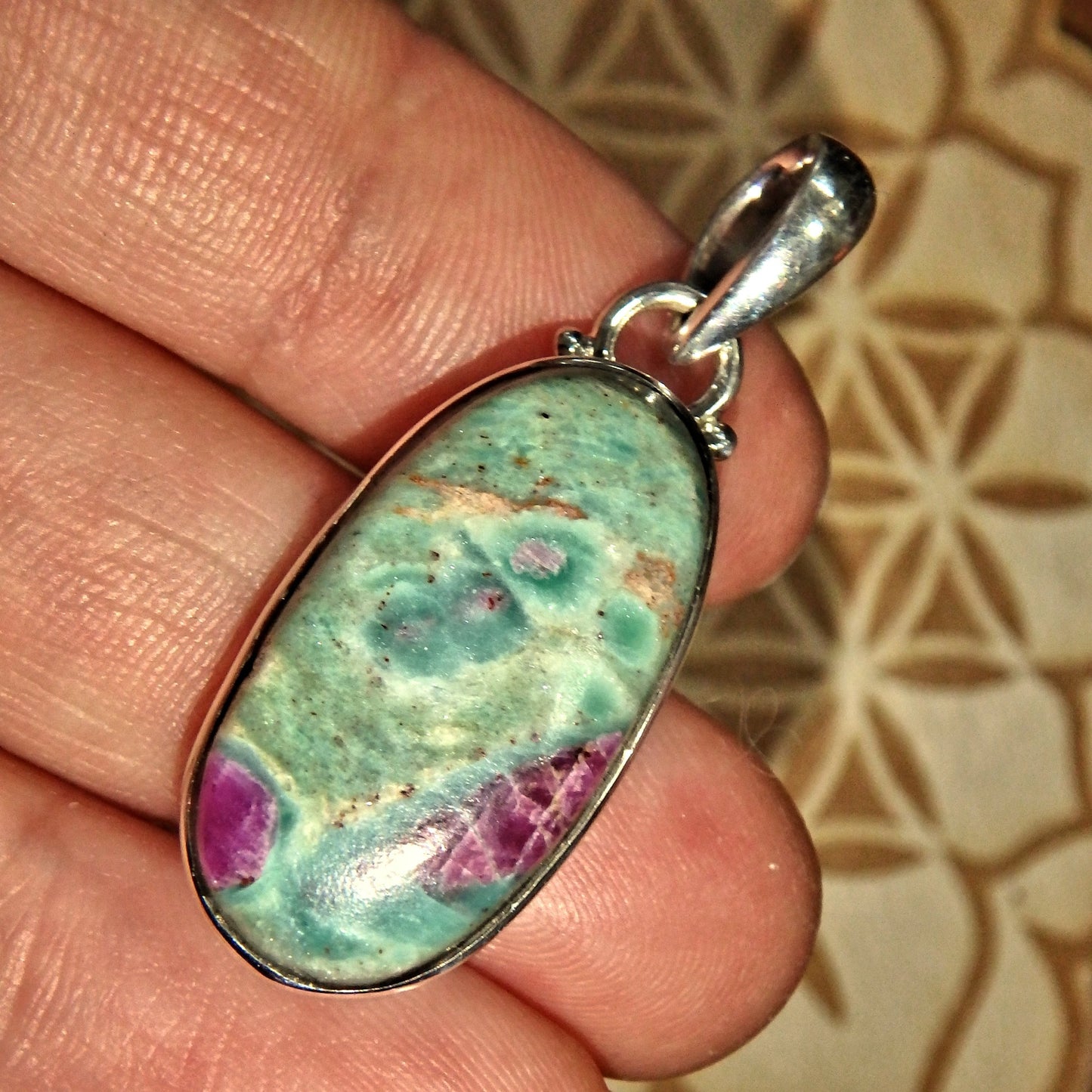 Mint Green & Burgundy Ruby Fuschite Sterling Silver Pendant (Includes Silver Chain)1 - Earth Family Crystals