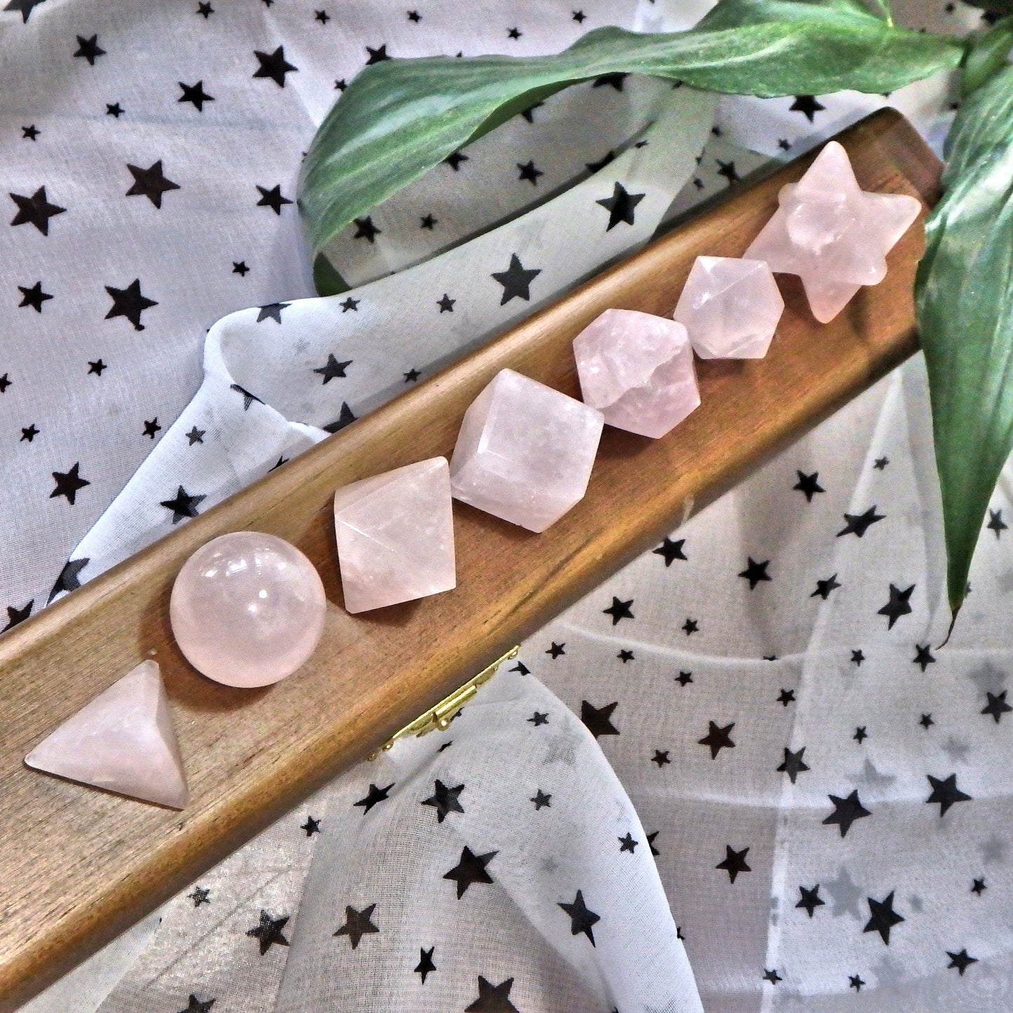  Complete 7 Stone Rose Quartz Sacred Geometry (Platonic solids) Carvings in Protective Wood Case