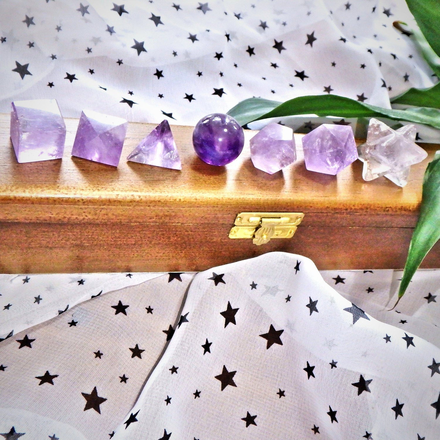  Complete 7 Stone Amethyst  Sacred Geometry (Platonic solids) Carvings in Protective Wood Case