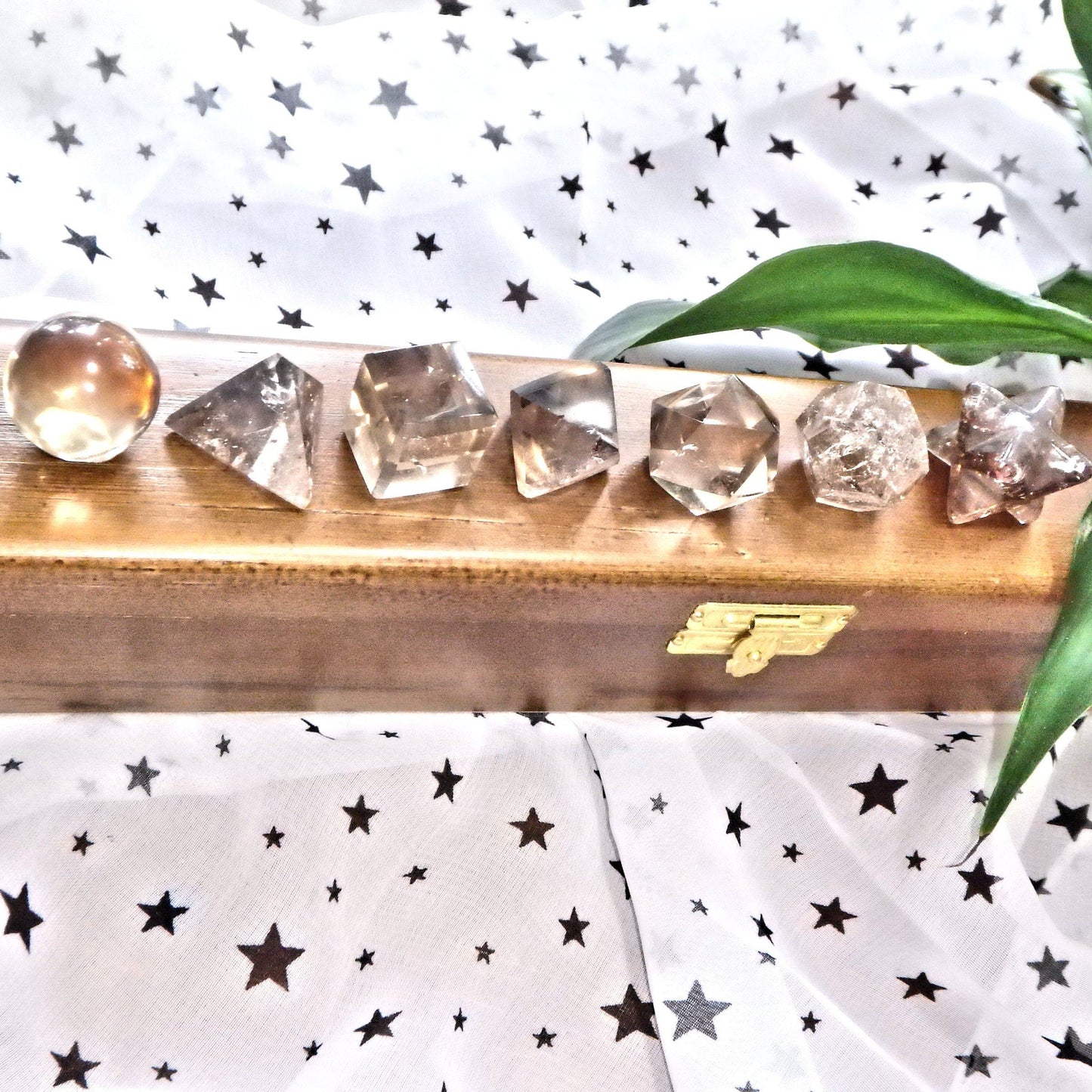  Complete 7 Stone Smoky Quartz Sacred Geometry (Platonic solids) Carvings in Protective Wood Case