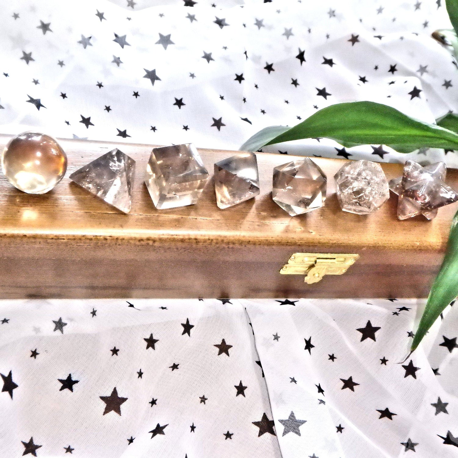  Complete 7 Stone Smoky Quartz Sacred Geometry (Platonic solids) Carvings in Protective Wood Case