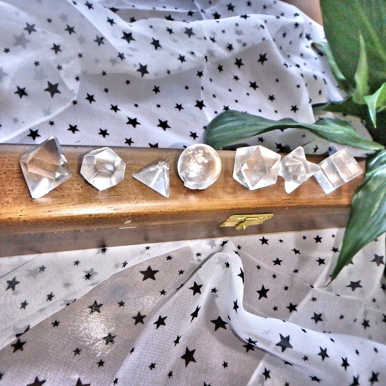  Complete 7 Stone Clear Quartz  Sacred Geometry (Platonic solids) Carvings in Protective Wood Case