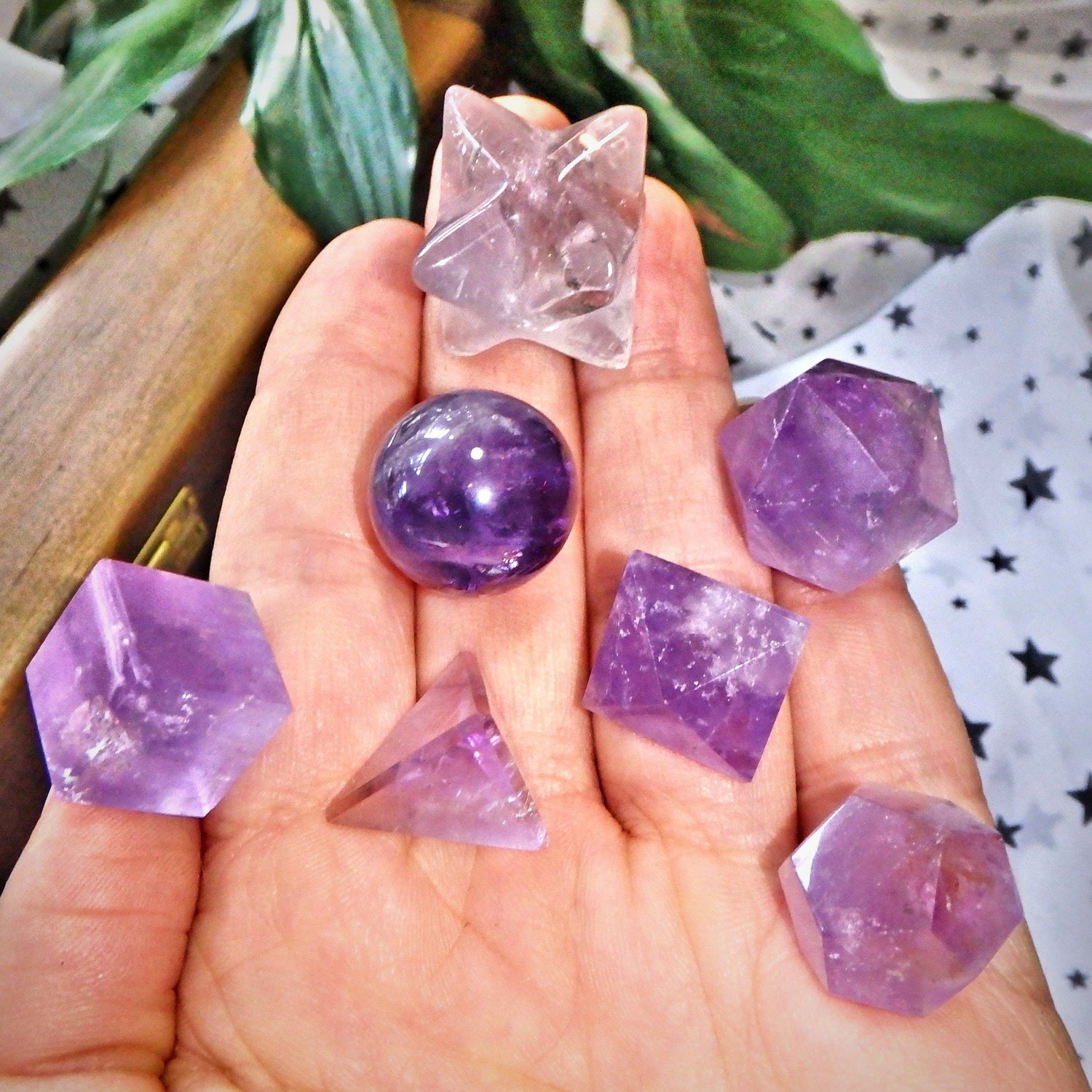  Complete 7 Stone Amethyst  Sacred Geometry (Platonic solids) Carvings in Protective Wood Case