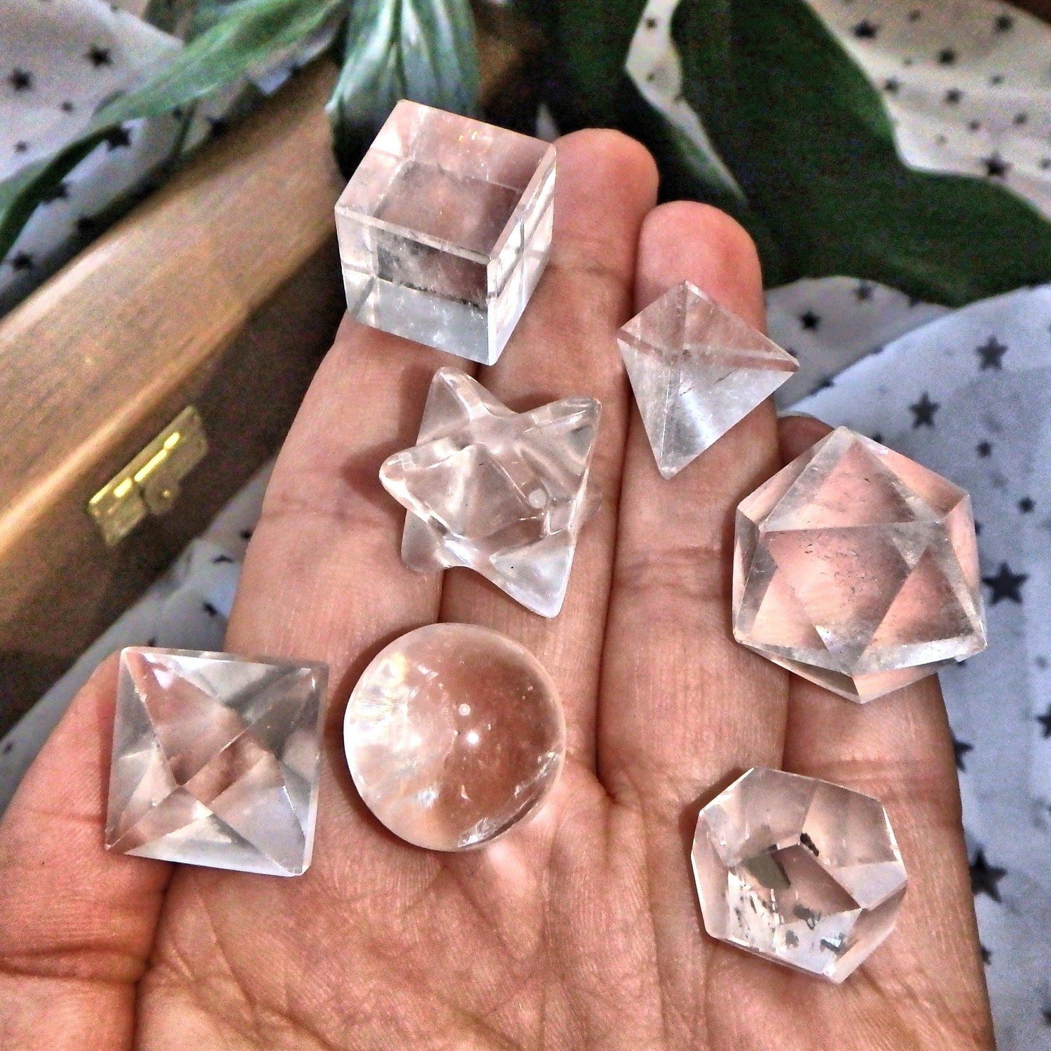  Complete 7 Stone Clear Quartz  Sacred Geometry (Platonic solids) Carvings in Protective Wood Case