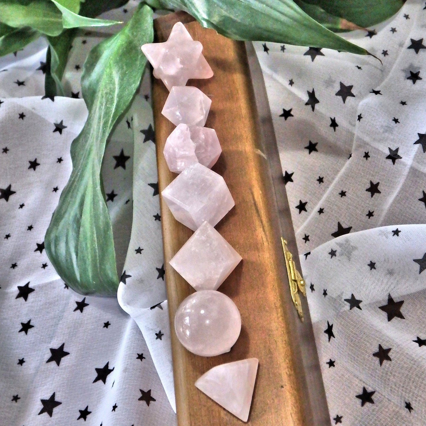  Complete 7 Stone Rose Quartz Sacred Geometry (Platonic solids) Carvings in Protective Wood Case