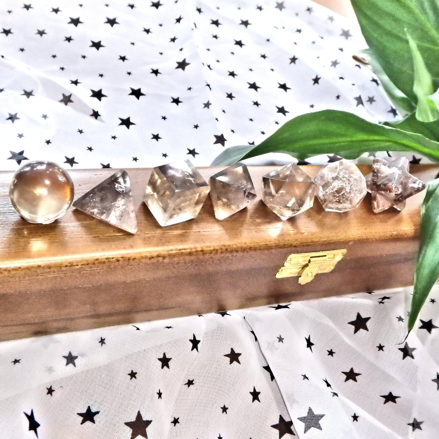  Complete 7 Stone Smoky Quartz Sacred Geometry (Platonic solids) Carvings in Protective Wood Case