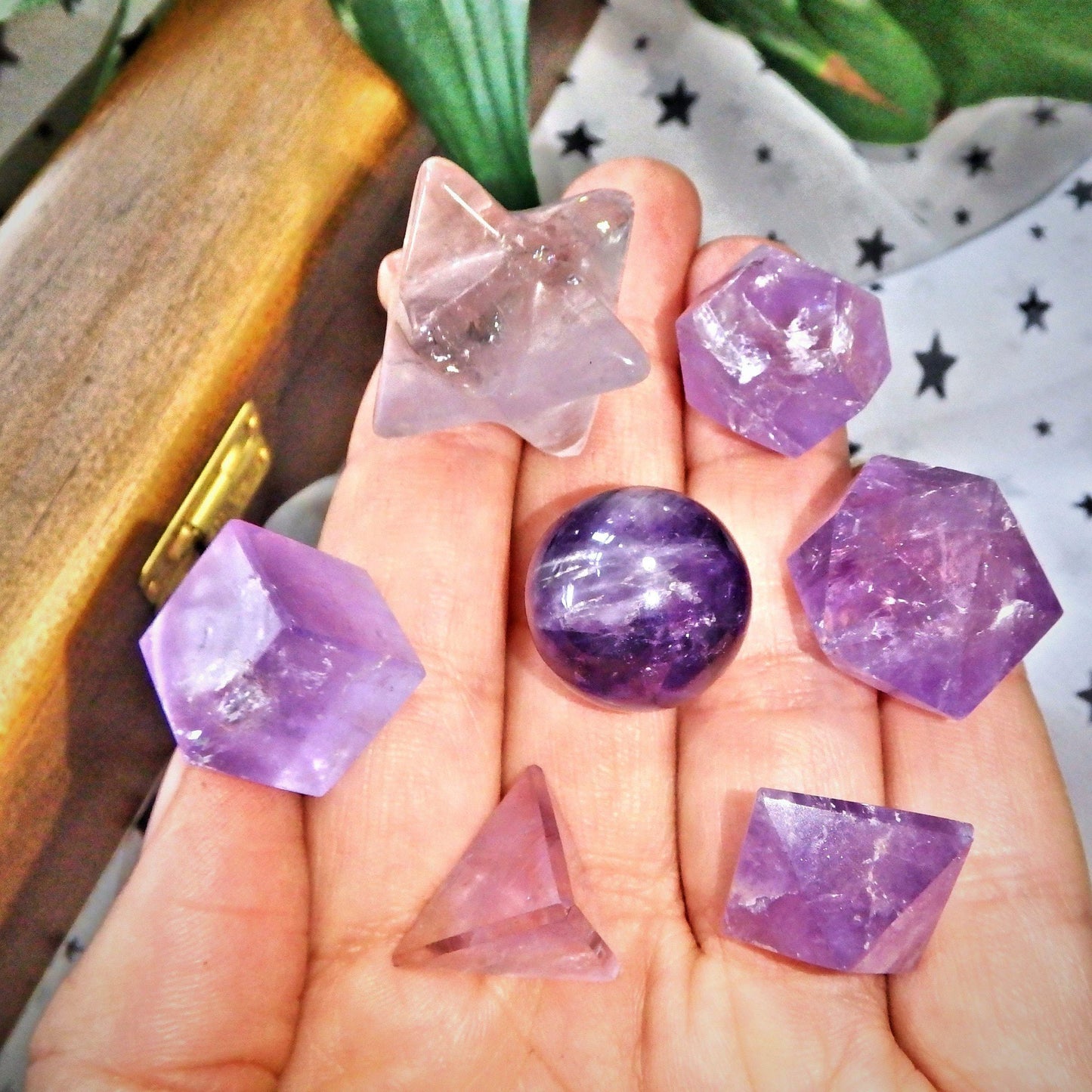  Complete 7 Stone Amethyst  Sacred Geometry (Platonic solids) Carvings in Protective Wood Case