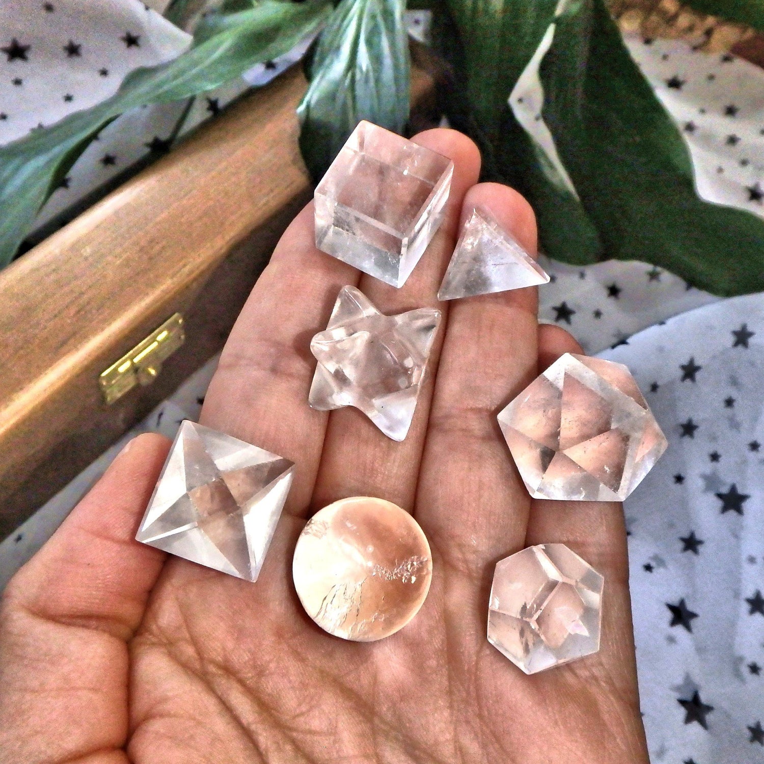  Complete 7 Stone Clear Quartz  Sacred Geometry (Platonic solids) Carvings in Protective Wood Case