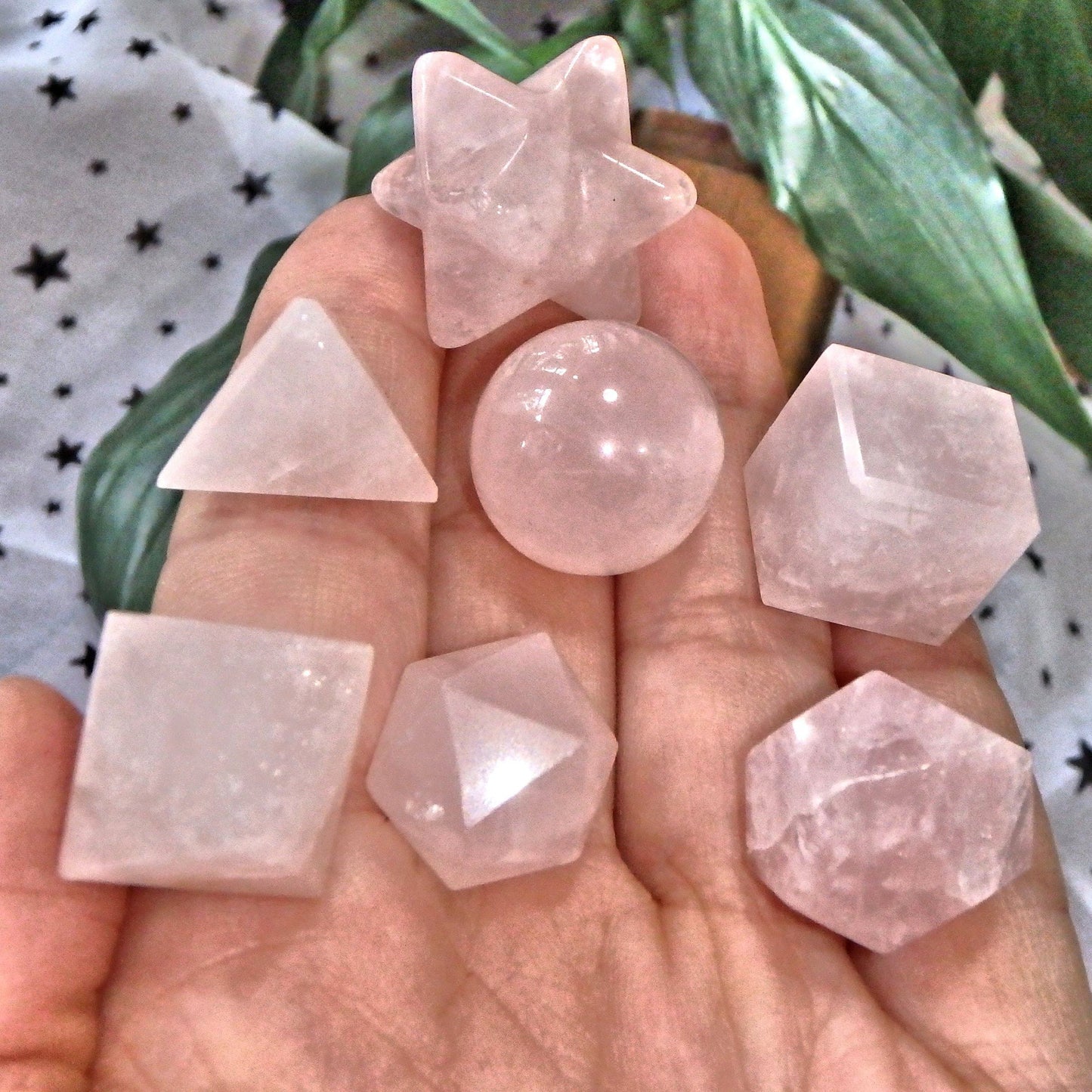  Complete 7 Stone Rose Quartz Sacred Geometry (Platonic solids) Carvings in Protective Wood Case