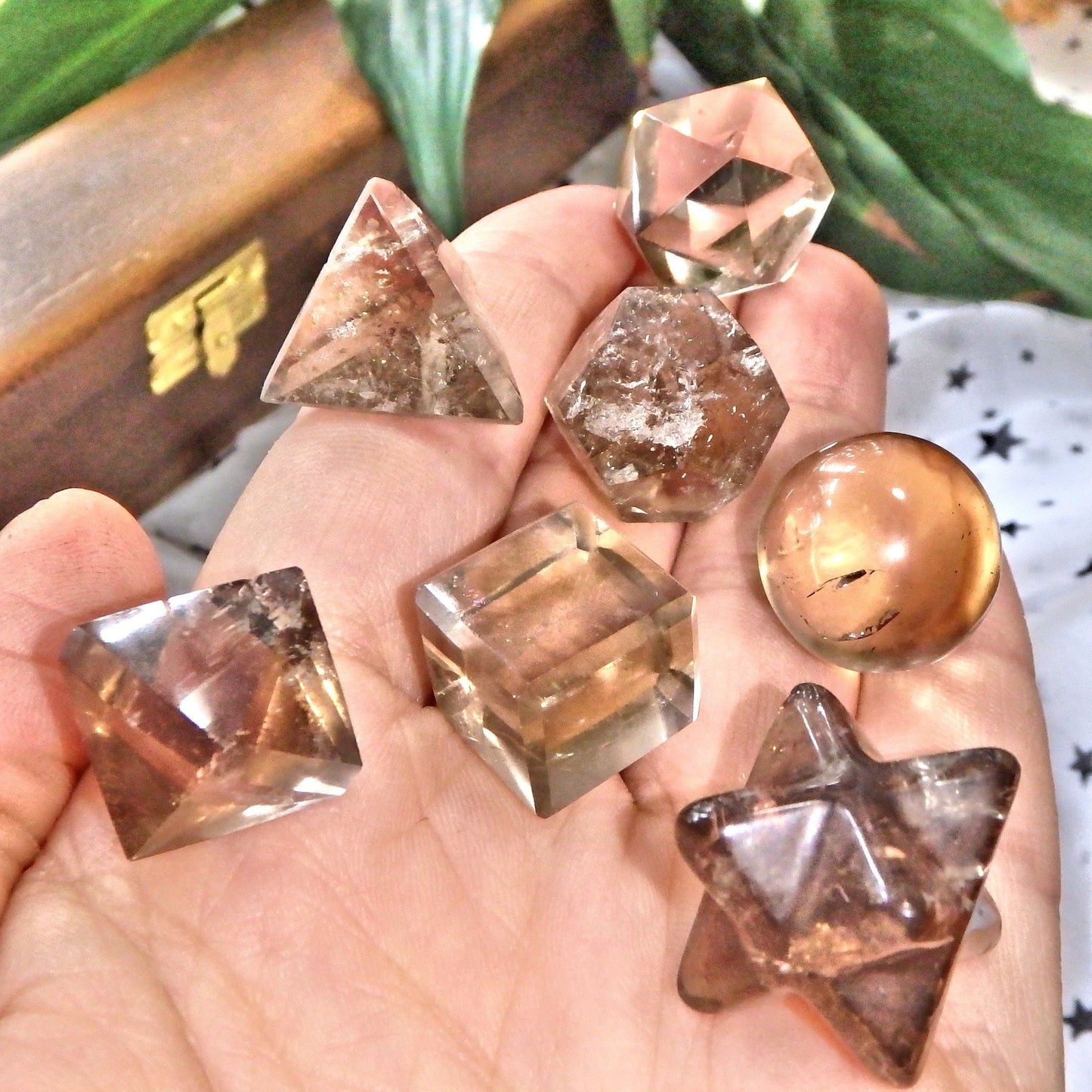  Complete 7 Stone Smoky Quartz Sacred Geometry (Platonic solids) Carvings in Protective Wood Case