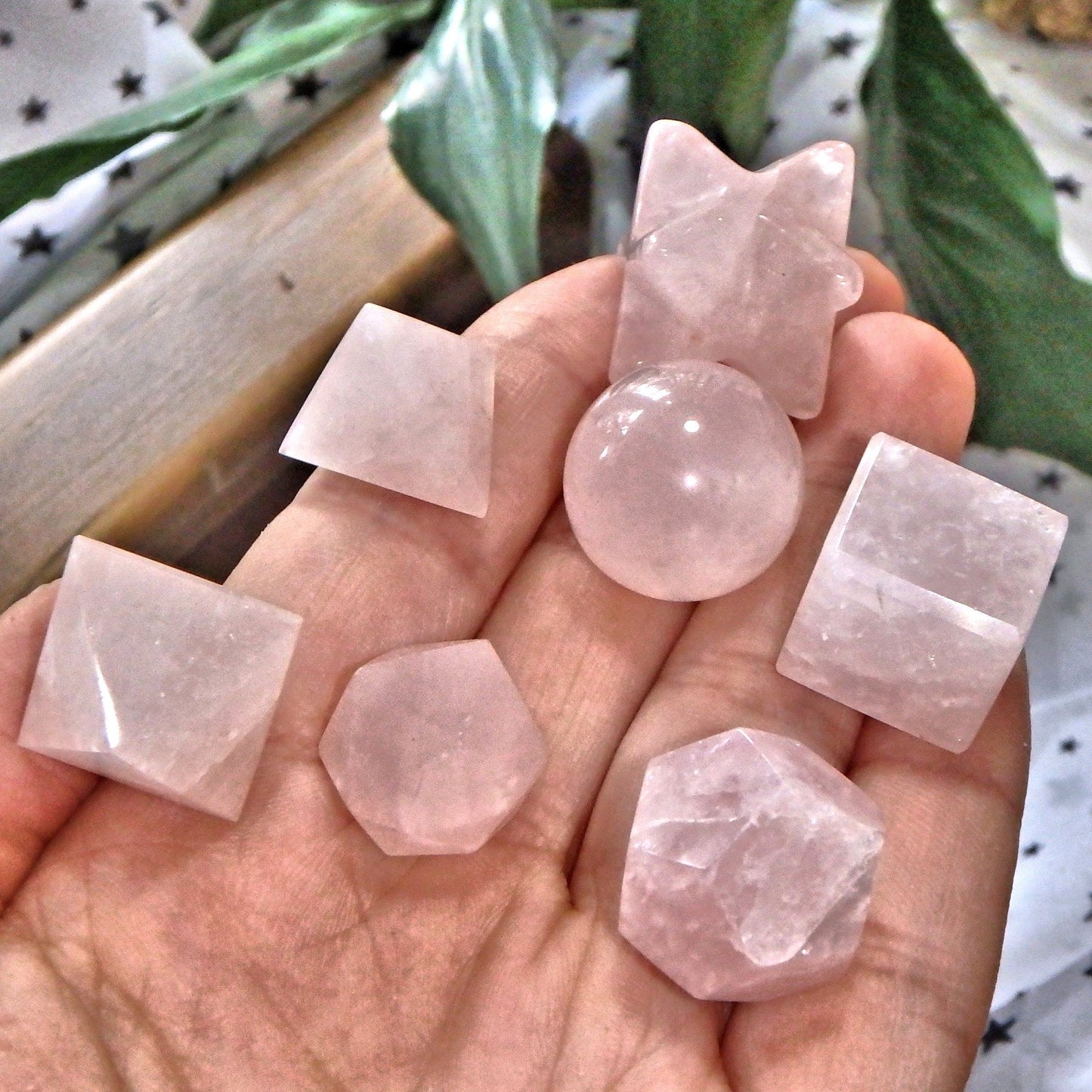  Complete 7 Stone Rose Quartz Sacred Geometry (Platonic solids) Carvings in Protective Wood Case