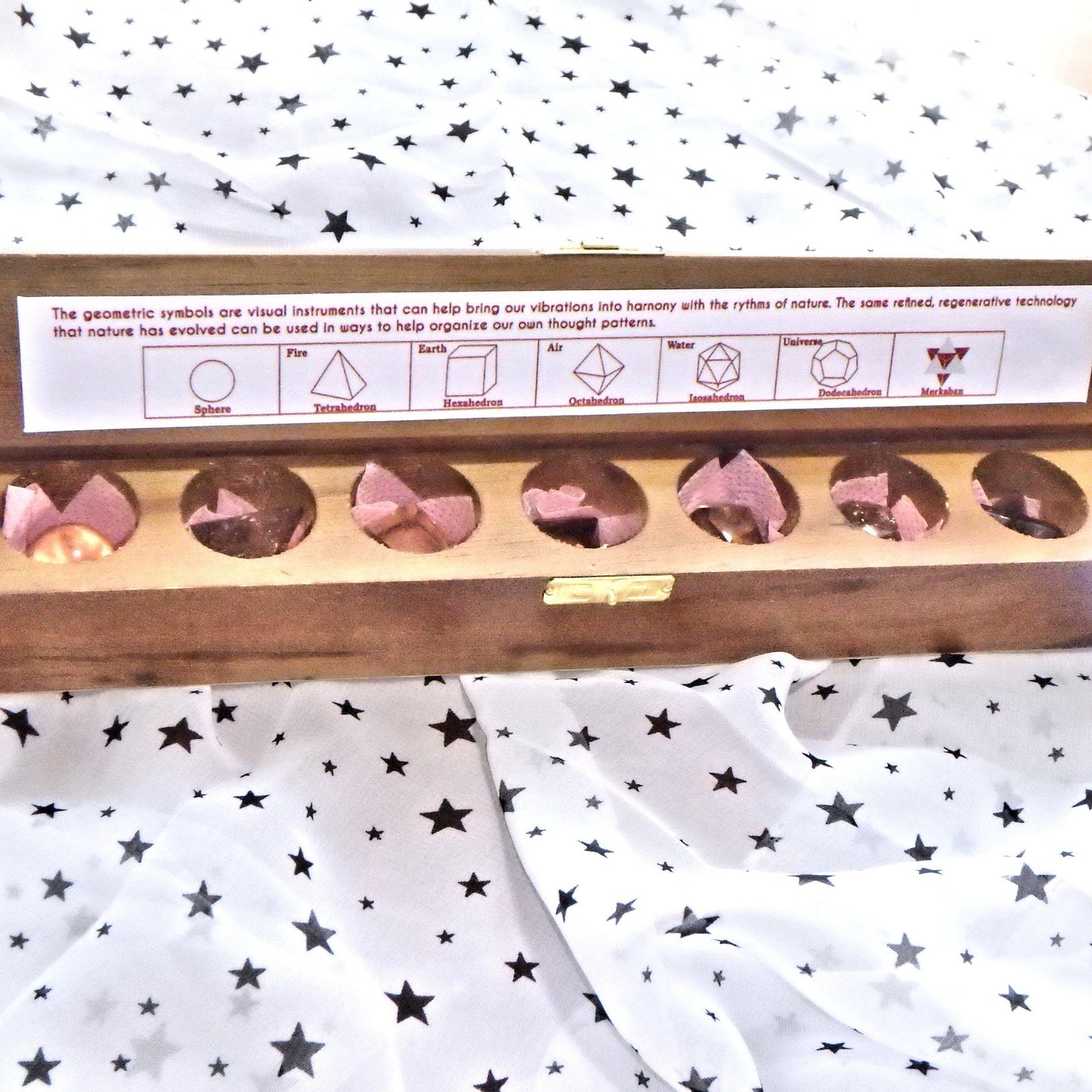  Complete 7 Stone Smoky Quartz Sacred Geometry (Platonic solids) Carvings in Protective Wood Case