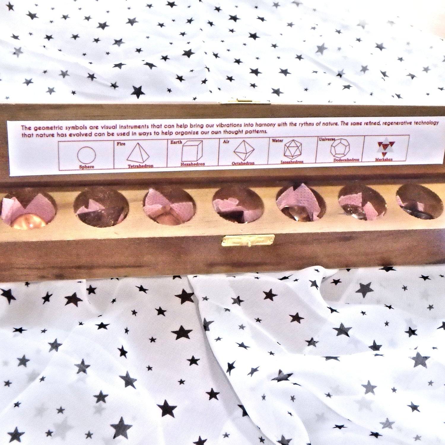  Complete 7 Stone Smoky Quartz Sacred Geometry (Platonic solids) Carvings in Protective Wood Case