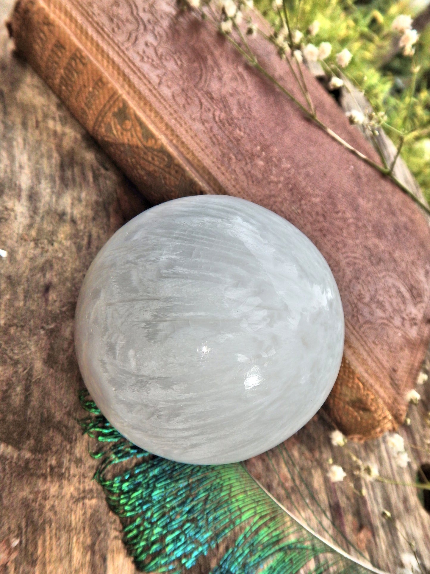 Lovely Silky Blooming Patterns White Scolecite Sphere Carving - Earth Family Crystals