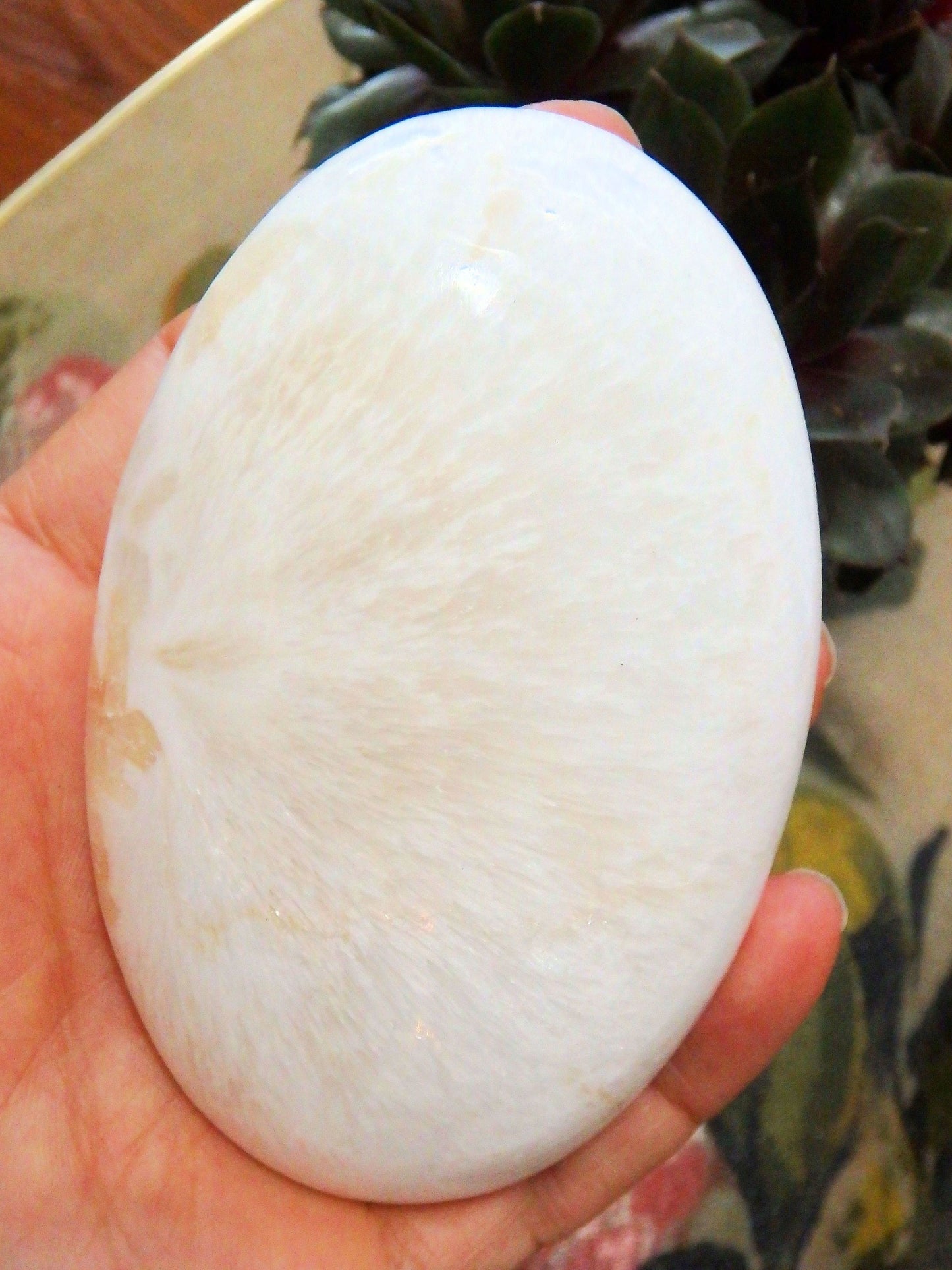  Blooming Flower Pattern Polished Scolecite Oval Palm Stone From India