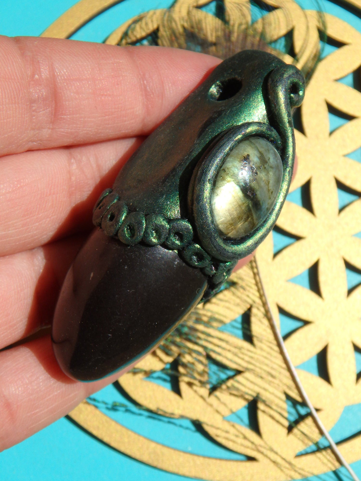  Brilliant Golden Labradorite & Master Shamanite Handmade Energy Pendant (On Adjustable Cotton Cord)