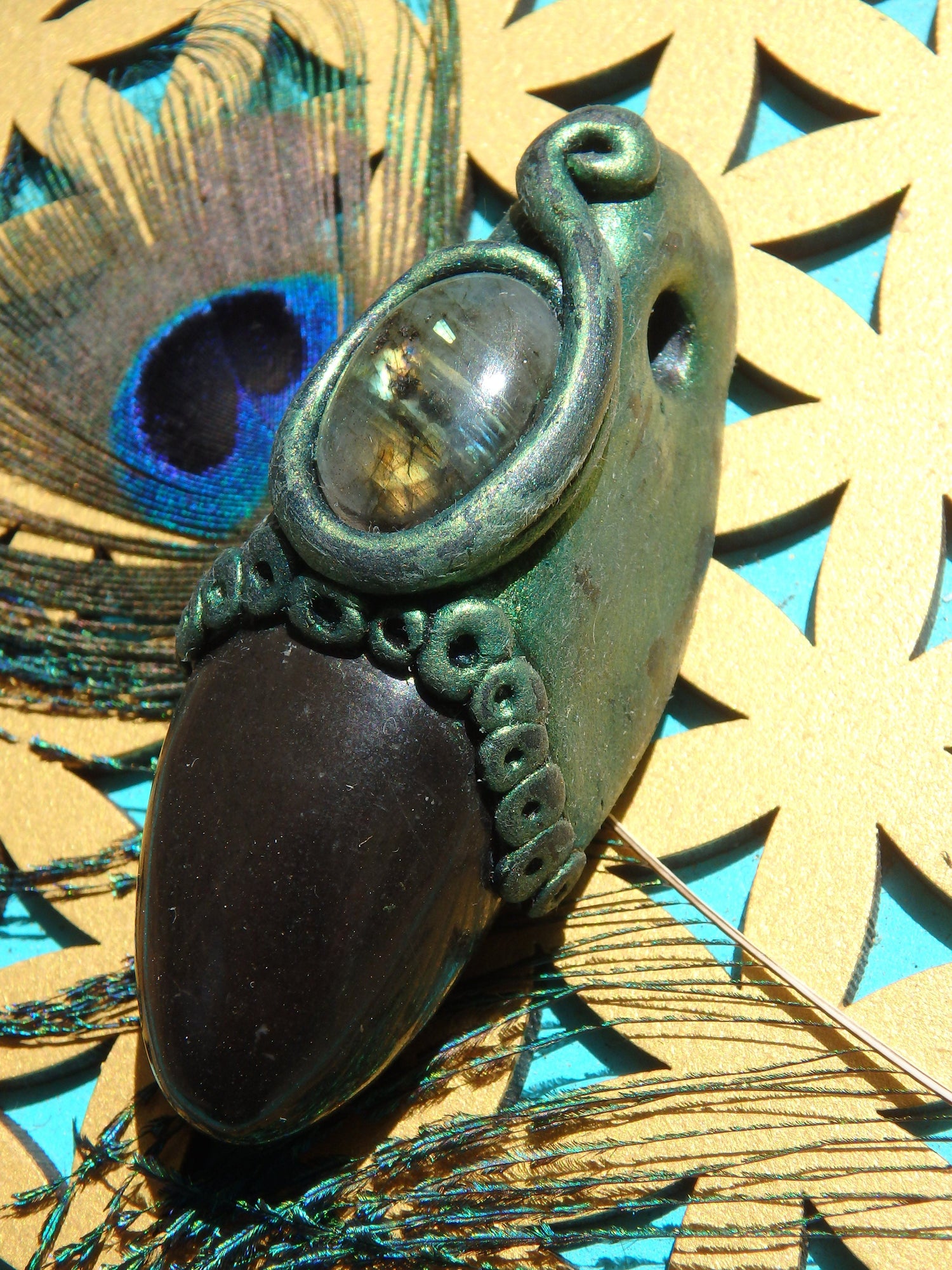  Brilliant Golden Labradorite & Master Shamanite Handmade Energy Pendant (On Adjustable Cotton Cord)