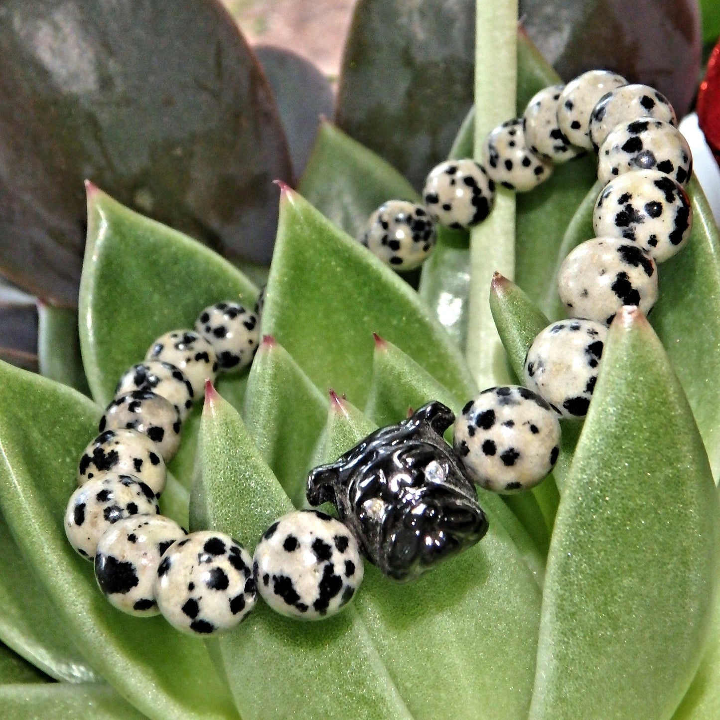  Dalmatian Jasper Bracelet With Bulldog Charm on Stretchy Cord