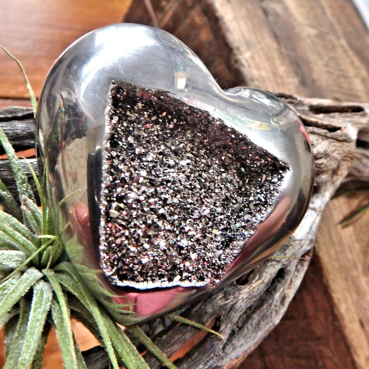  Brilliant Druzy Sparkle Silver Aura Quartz & Agate Geode Heart Carving