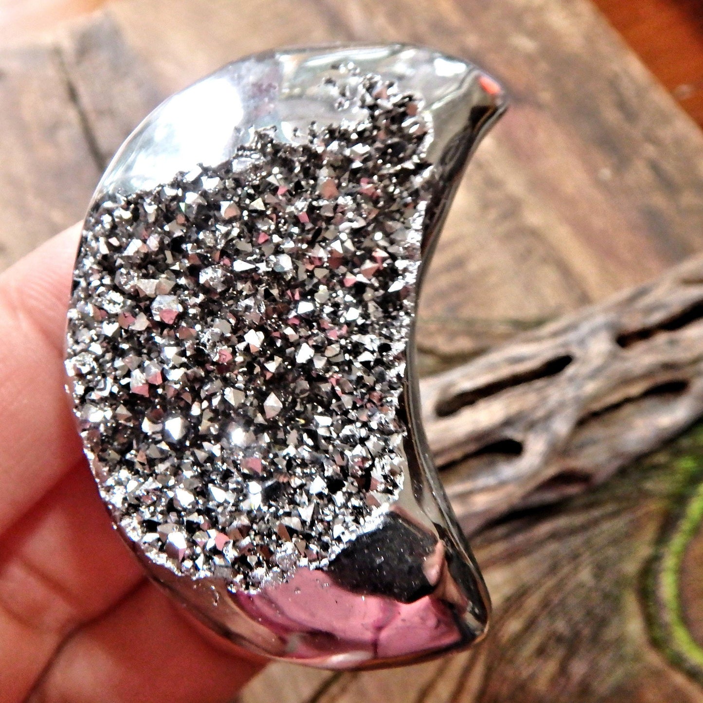  Adorable Druzy Sparkle Silver Aura Quartz & Agate Geode Crescent Moon Carving