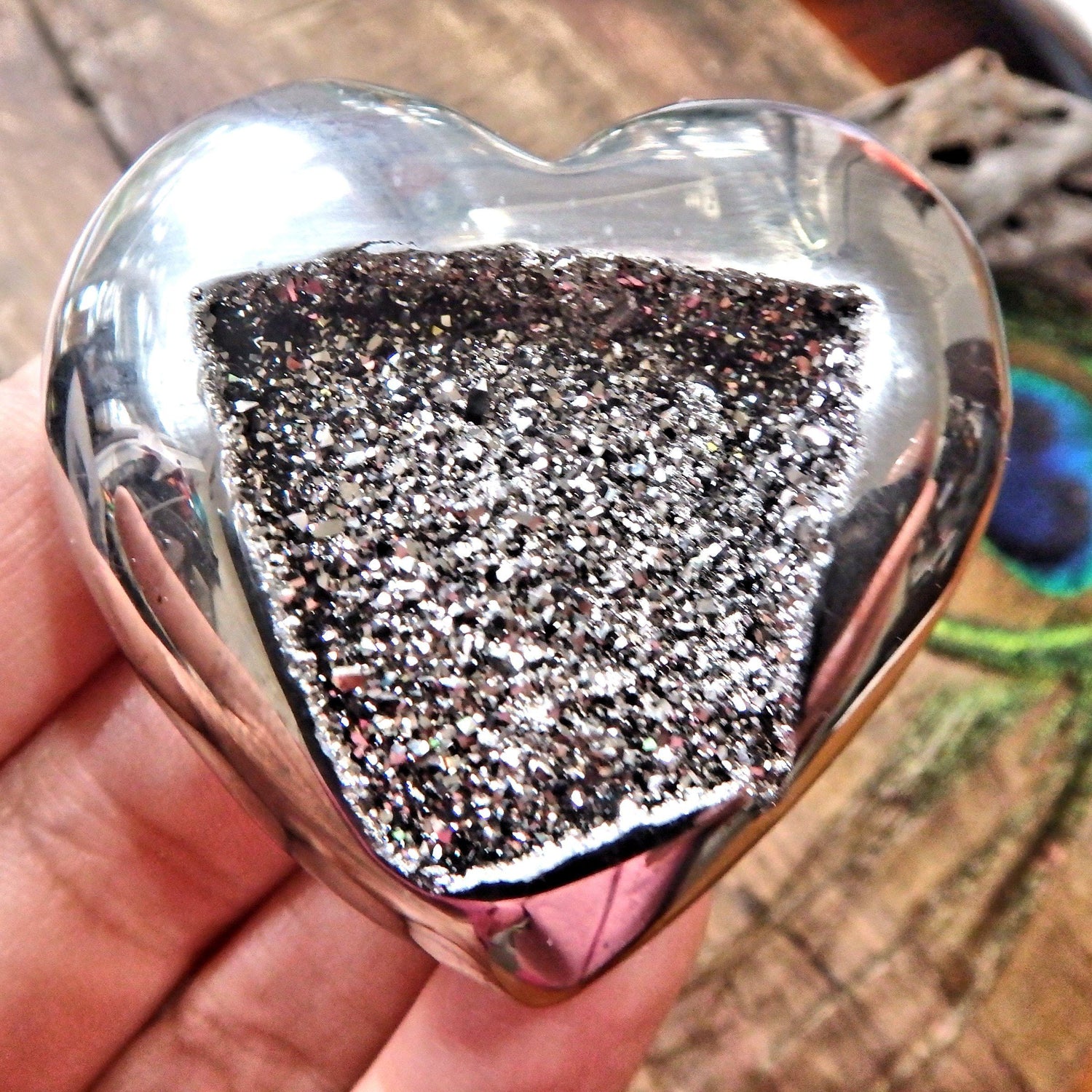  Brilliant Druzy Sparkle Silver Aura Quartz & Agate Geode Heart Carving