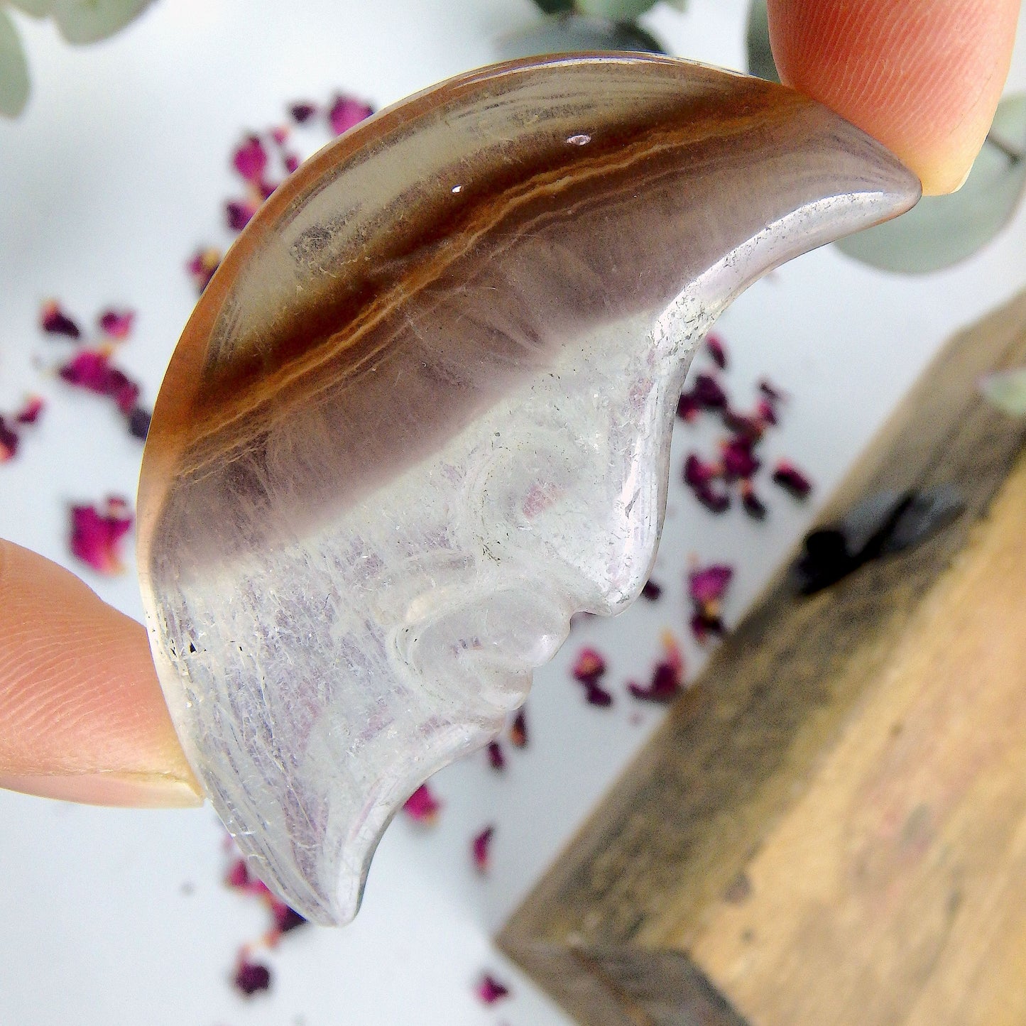 Lovely Patterns Smoky Quartz Crescent Moon Face Carving - Earth Family Crystals