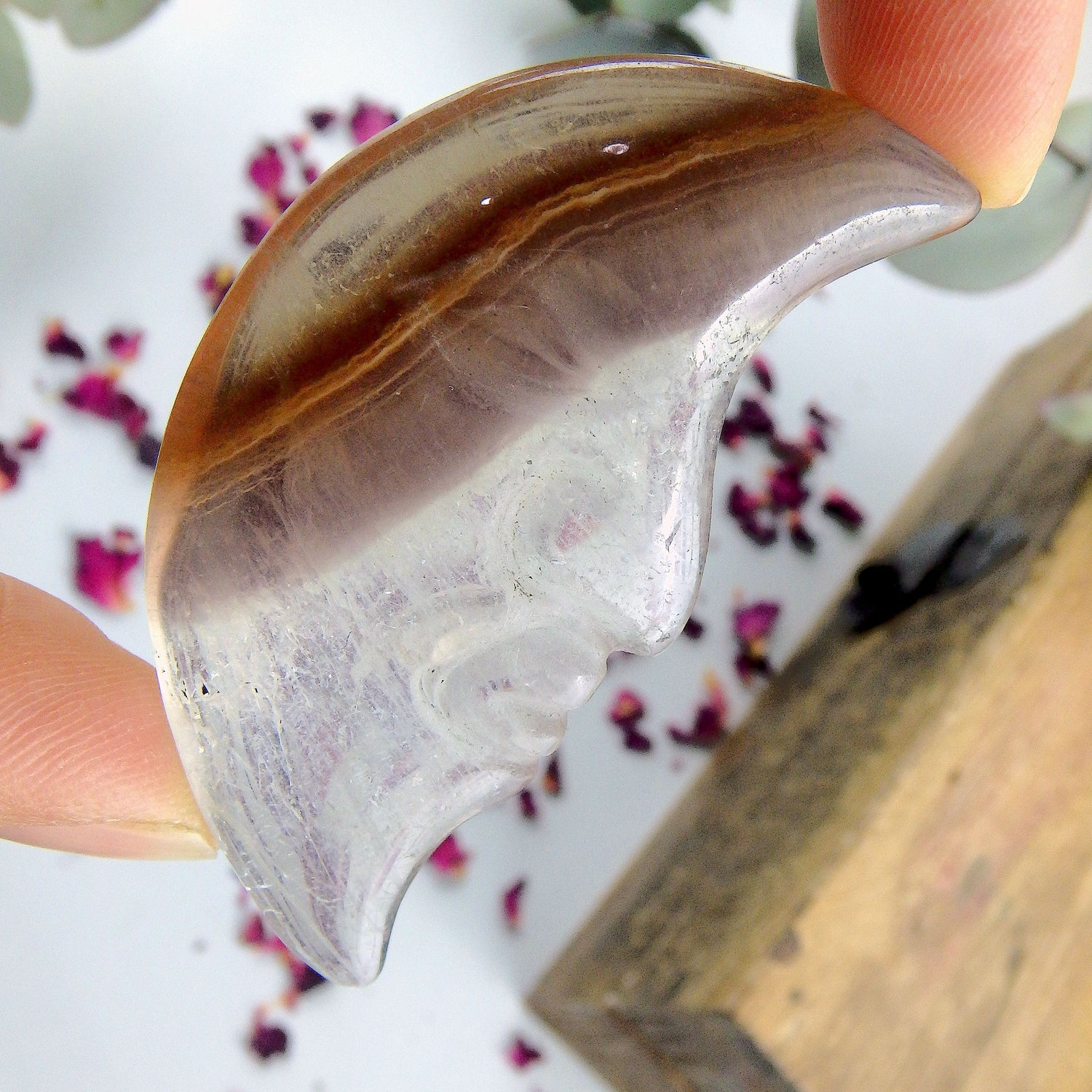 Lovely Patterns Smoky Quartz Crescent Moon Face Carving - Earth Family Crystals