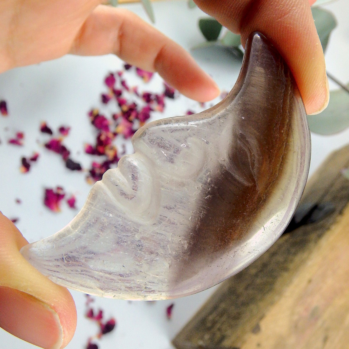 Lovely Patterns Smoky Quartz Crescent Moon Face Carving - Earth Family Crystals