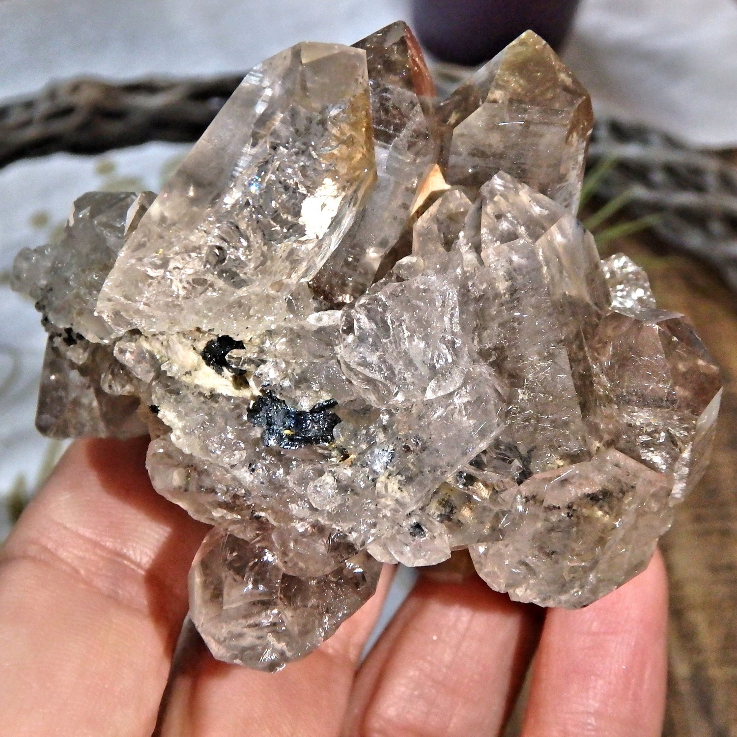 Gorgeous Golden Rutile and Black Hematite Included Smoky Quartz Cluster From Brazil - Earth Family Crystals